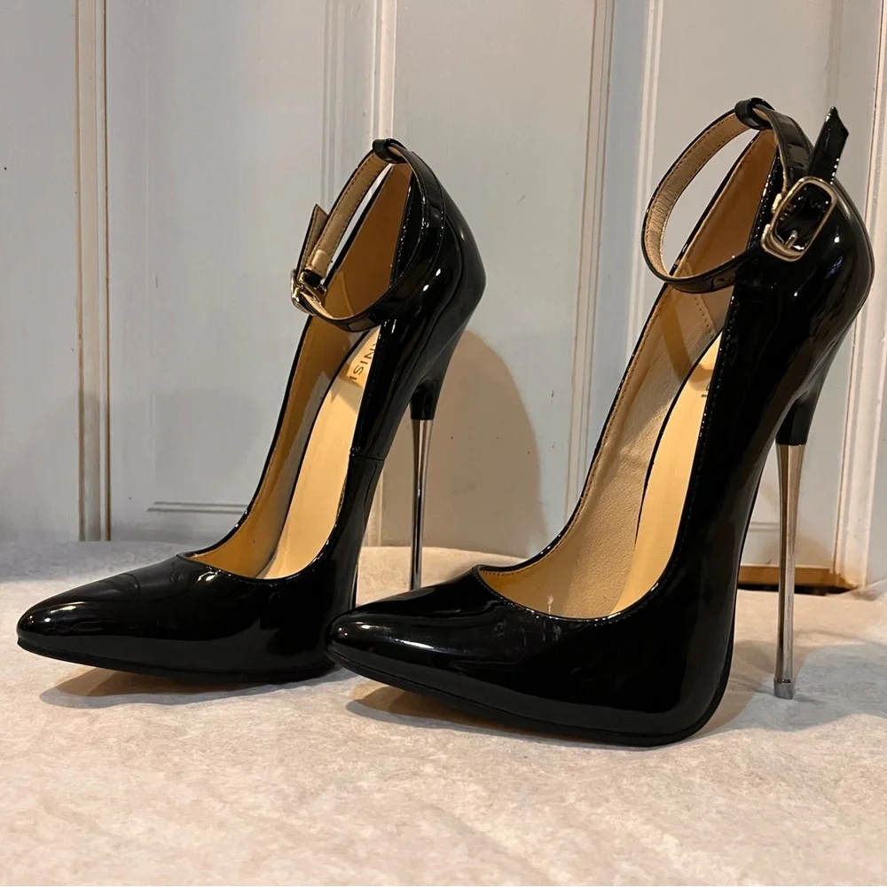 Black Patent Stiletto Ankle Strap Heels NWOB - Picture 3 of 7